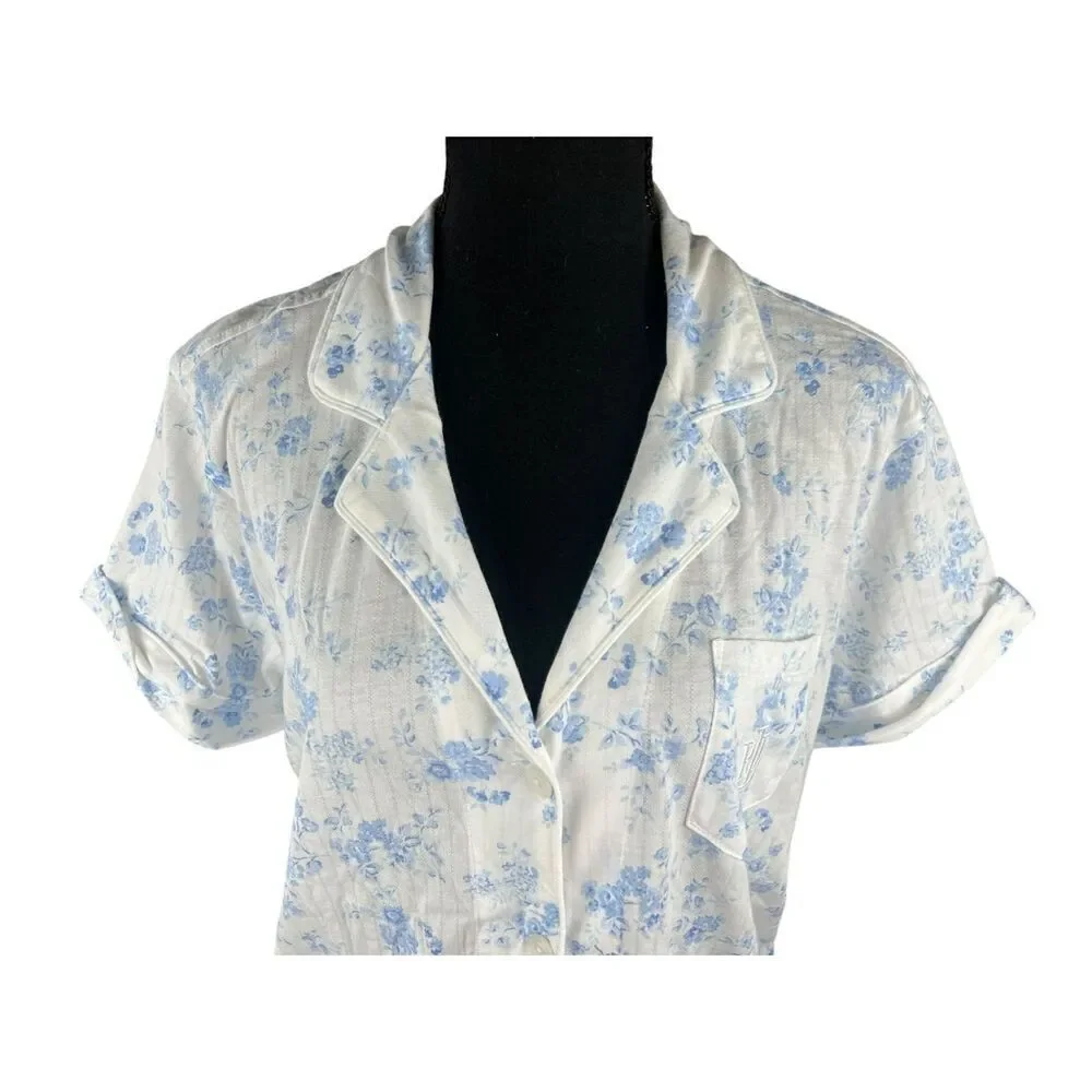 Ralph Lauren Women's Large floral Night Sleep Shirt Button Up Embroider Pocket